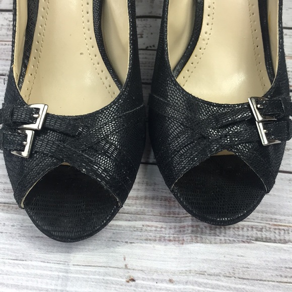 EUC Black heels, faux snakeskin, peep toe with buckles. Size 7. - Picture 9 of 11